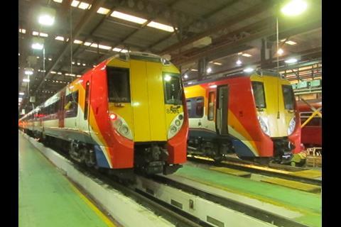 The five-car Class 458/5 EMUs are being produced by rebuilding Class 460 units previously operated by Gatwick Express and extending existing Class 458 units (pictured).